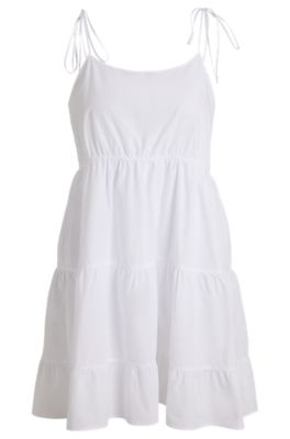 Tiered cotton dress with tie straps, White