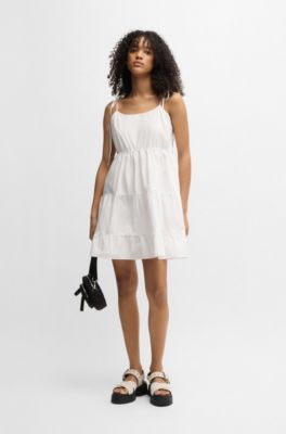 Tiered cotton dress with tie straps, White