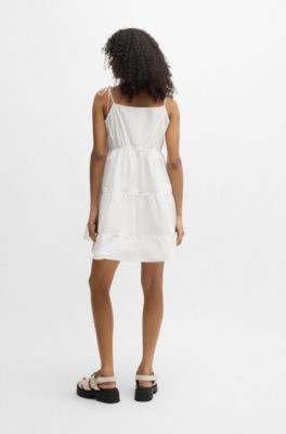Tiered cotton dress with tie straps, White
