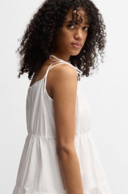 Tiered cotton dress with tie straps, White