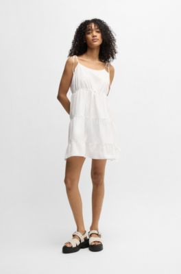 Tiered cotton dress with tie straps, White