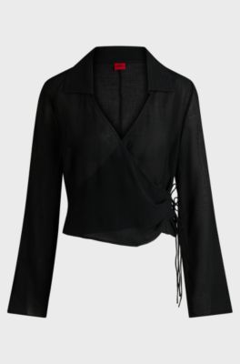 Regular-fit blouse with wrap front, Black