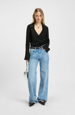 Regular-fit blouse with wrap front, Black