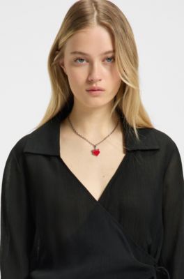 Regular-fit blouse with wrap front, Black