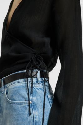 Regular-fit blouse with wrap front, Black