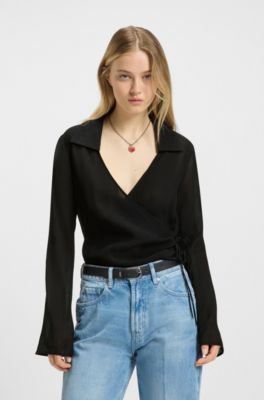 Regular-fit blouse with wrap front, Black