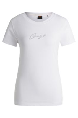 Cotton-jersey T-shirt with crystal-embellished logo, White