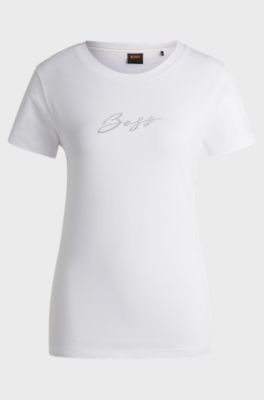 Cotton-jersey T-shirt with crystal-embellished logo, White