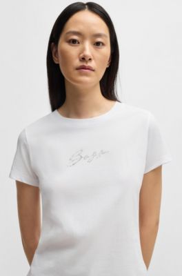 Cotton-jersey T-shirt with crystal-embellished logo, White