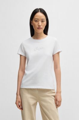 Cotton-jersey T-shirt with crystal-embellished logo, White