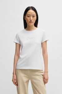 Cotton-jersey T-shirt with crystal-embellished logo, White