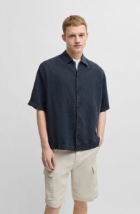 Relaxed-fit shirt in linen with tonal stitching, Dark Blue