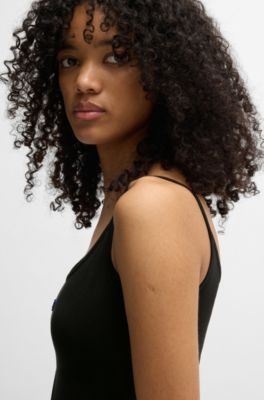 로고 패치 스트레치 코튼 바디콘 드레스, 블랙