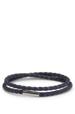 Double braided-leather cuff with metal logo closure, Dark Blue