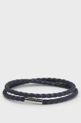Double braided-leather cuff with metal logo closure, Dark Blue
