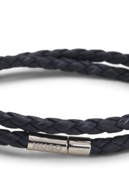 Double braided-leather cuff with metal logo closure, Dark Blue