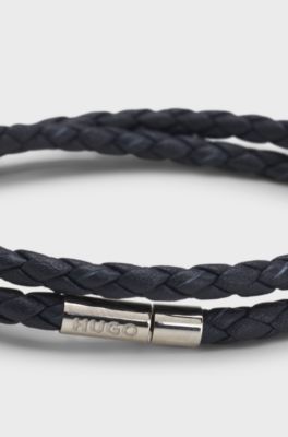 Double braided-leather cuff with metal logo closure, Dark Blue