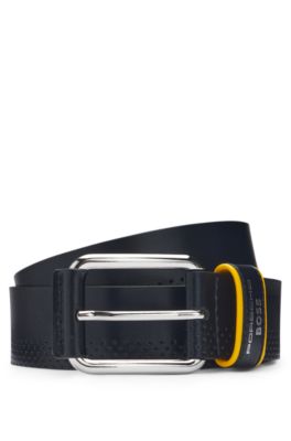 Porsche x BOSS perforated-leather belt with branded keeper, Dark Blue
