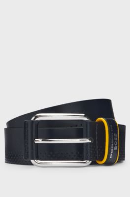 Porsche x BOSS perforated-leather belt with branded keeper, Dark Blue