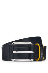 Porsche x BOSS perforated-leather belt with branded keeper, Dark Blue
