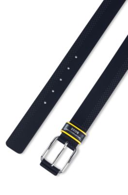 Porsche x BOSS perforated-leather belt with branded keeper, Dark Blue
