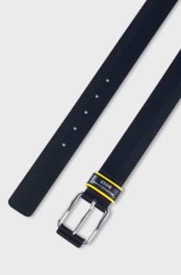 Porsche x BOSS perforated-leather belt with branded keeper, Dark Blue