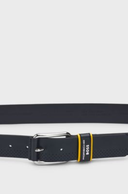 Porsche x BOSS perforated-leather belt with branded keeper, Dark Blue