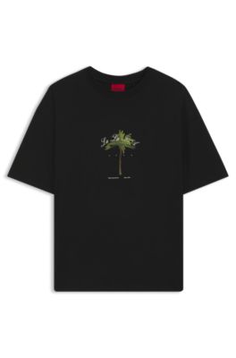 Cotton-jersey T-shirt with palm-tree artwork, Black
