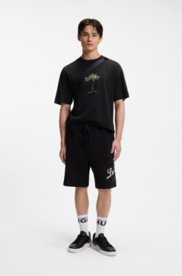 Cotton-jersey T-shirt with palm-tree artwork, Black