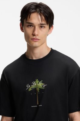 Cotton-jersey T-shirt with palm-tree artwork, Black