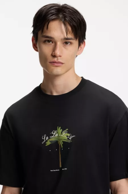 Cotton-jersey T-shirt with palm-tree artwork