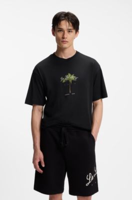 Cotton-jersey T-shirt with palm-tree artwork, Black