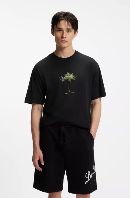 Cotton-jersey T-shirt with palm-tree artwork