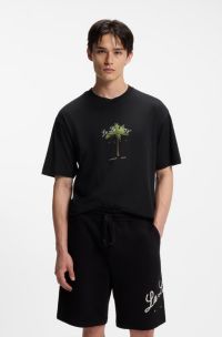 Cotton-jersey T-shirt with palm-tree artwork, Black