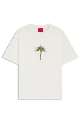 Cotton-jersey T-shirt with palm-tree print, Natural