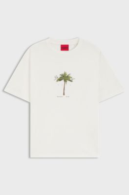 Cotton-jersey T-shirt with palm-tree artwork, Natural