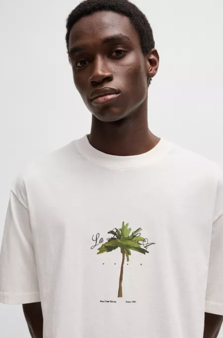 Cotton-jersey T-shirt with palm-tree print