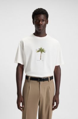 Cotton-jersey T-shirt with palm-tree artwork, Natural