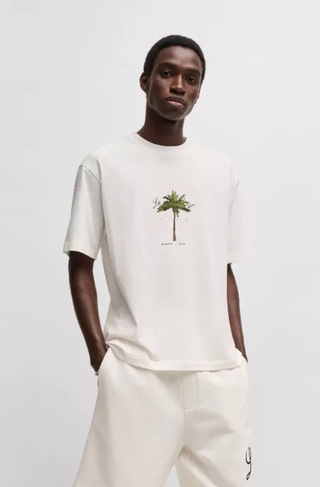 Cotton-jersey T-shirt with palm-tree print
