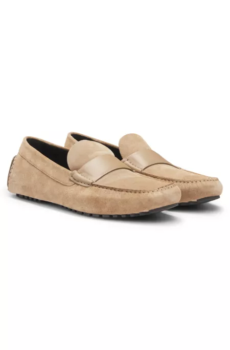 Suede moccasins with leather penny trim