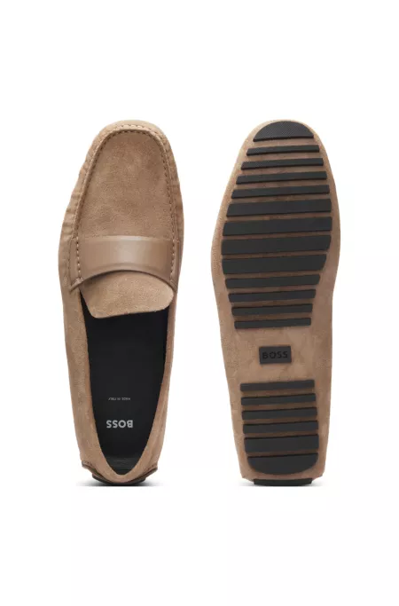 Suede moccasins with leather penny trim