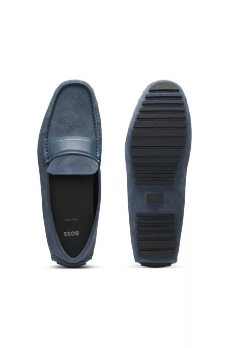 Suede moccasins with leather penny trim