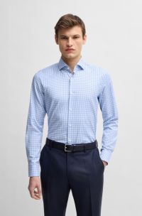 Camicia slim fit in cotone elasticizzato a quadri facile da stirare, Blu a motivi