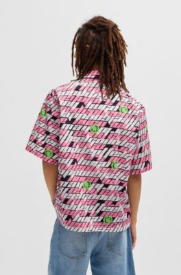 Relaxed-fit shirt in printed cotton poplin, Black Patterned