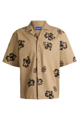 Relaxed-fit shirt in hibiscus-print stretch cotton, Beige