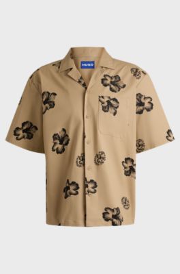 Relaxed-fit shirt in hibiscus-print stretch cotton, Beige
