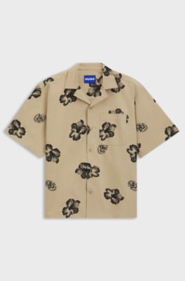 Camicia relaxed fit in cotone elasticizzato con stampa con ibisco, Beige a motivi