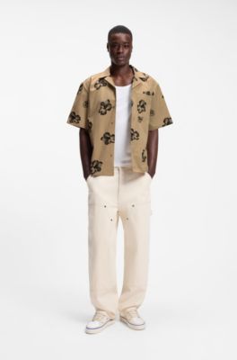 Camicia relaxed fit in cotone elasticizzato con stampa con ibisco, Beige a motivi