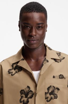 Relaxed-fit shirt in hibiscus-print stretch cotton, Beige Patterned