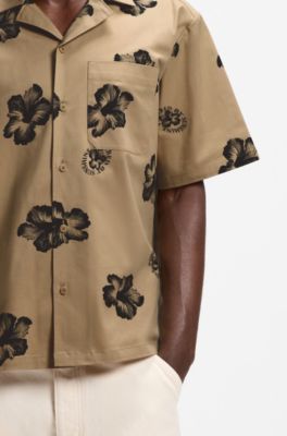 Camicia relaxed fit in cotone elasticizzato con stampa con ibisco, Beige a motivi